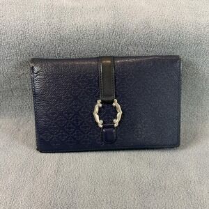 Brighton Wallet Womens Navy Blue Leather Checkbook Organizer Zip Clutch Embossed
